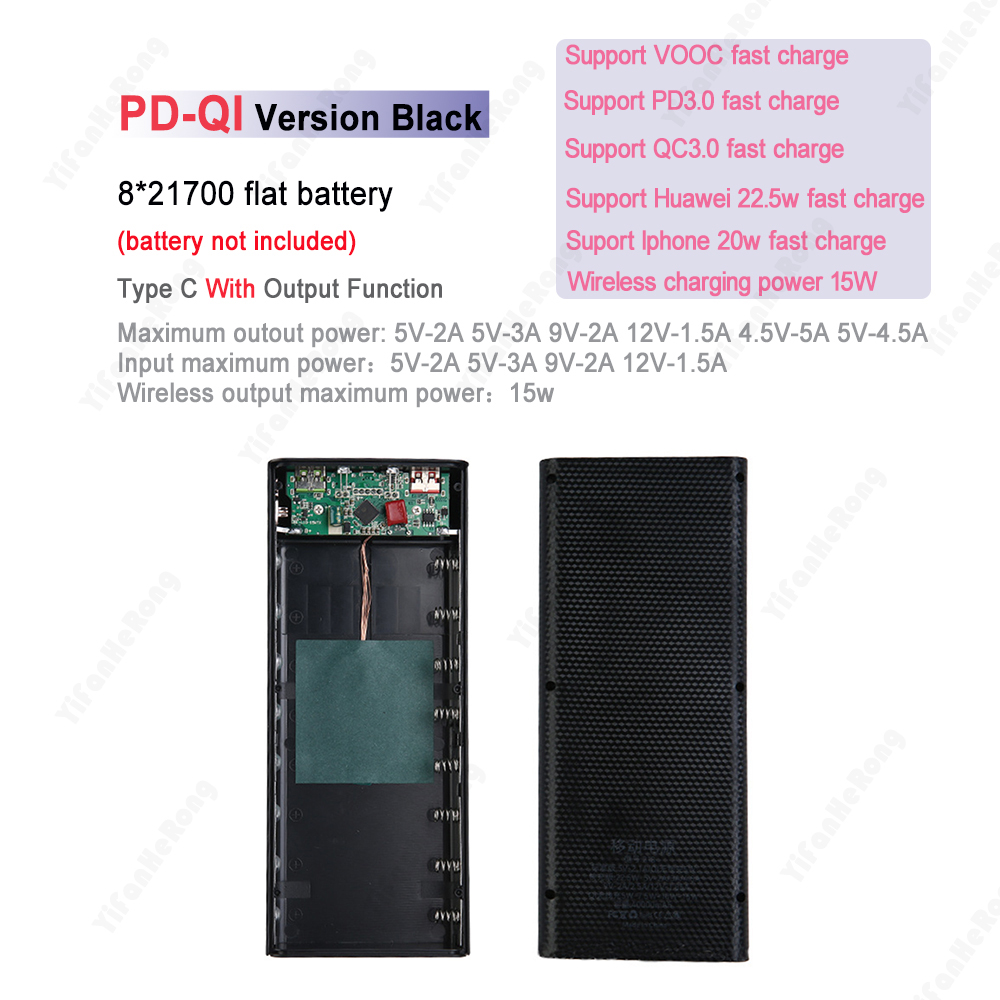 22,5 W carga rápida inalámbrica 21700 caja de almacenamiento de batería QC PD 8*21700 caja de banco de energía desmontable sin batería: Negro