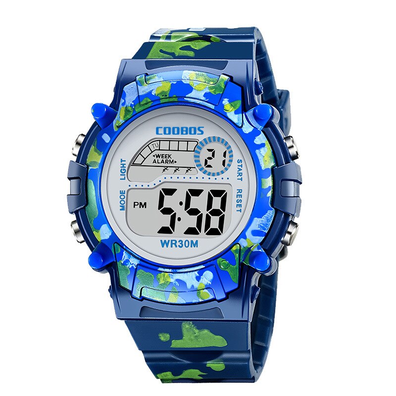 Kids Horloge Led Kleurrijke Flash Digitale Waterdichte Klok Voor Jongens Meisjes Datum Week Marineblauw Camouflage Kind Horloges
