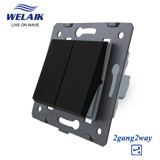 WELAIK EU Light Wall-Switch-DIY Parts-Push-Button 1Gang-1Way Without Crystal-Glass-Panel 220V 5A 45*45mm A711W: Black 2Gang 2Way