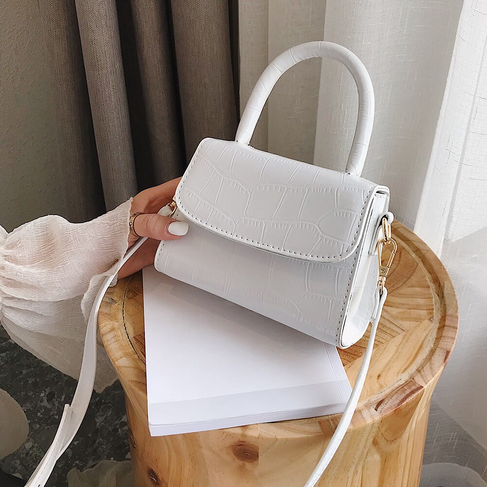 Bolso cruzado con de cocodrilo para mujer, bandolera pequeña de PU de Color sólido, bolsos de mensajero de piel, bolsos de noche de ,: white