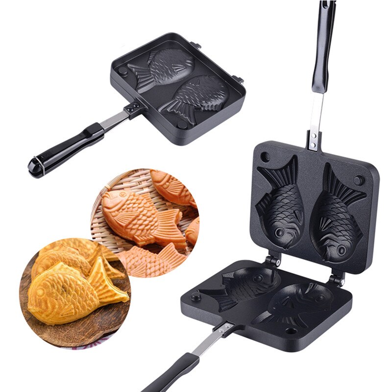 Taiyaki-Molde de fundición antiadherente japonés con forma de corazón en forma de pez, utensilios para hornear, gofres, Pan, pasteles, tortitas, cocina casera, 2 caras: 03