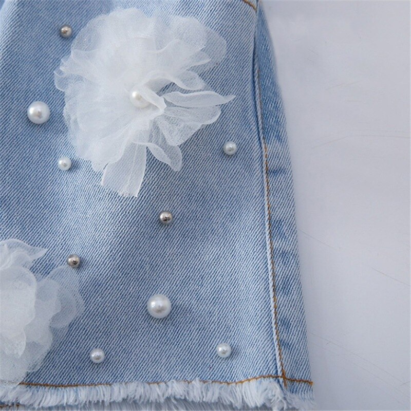 Baby Meisje Jeans Prinses Elastische Taille Parel Kant Bloem Denim Shorts Party Kid Kinderen Zomer Kleding Voor Meisje