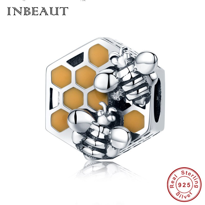 Inbeauté pingente de prata esterlina 100%, amarelo esmalte, abelha, redondo, marrom, zircônia cúbica, ninho de abelha, pulseira de marca fit: sc500