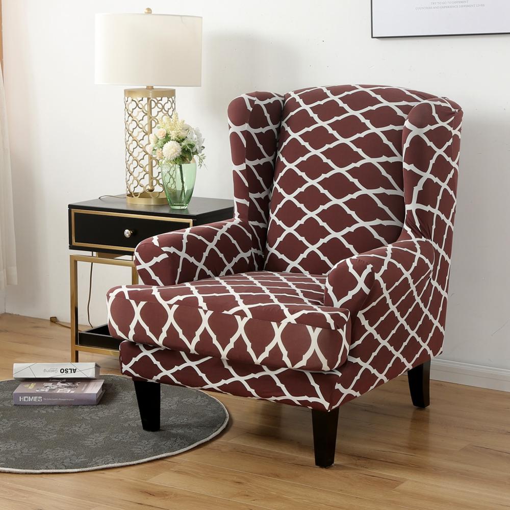 Hoes voor een vleugelstoel, bedrukt met spandex stretch, hoezen voor een vleugelstoel, set van 2 stuks met elastische band: Chocolade ruitje