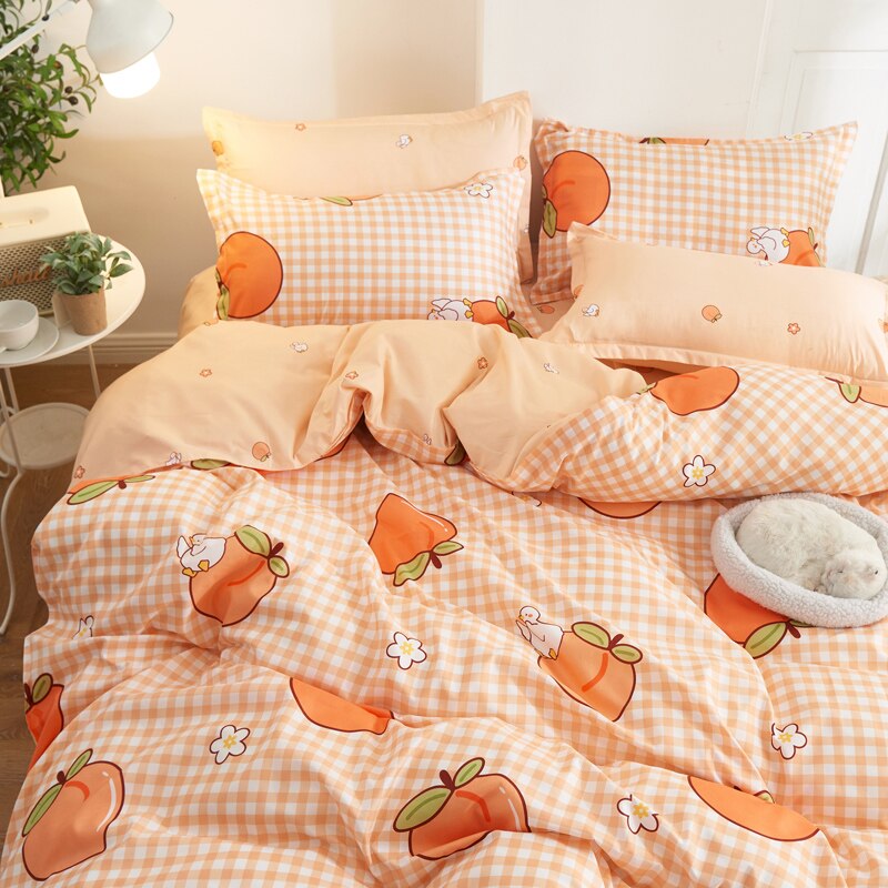3/4Pcs Kawaii Beddengoed Sets Leuke Perzik Laken Set Met Kussensloop Voor Meisje Beddengoed Set Twin volledige Queen King Size Dekbedovertrek