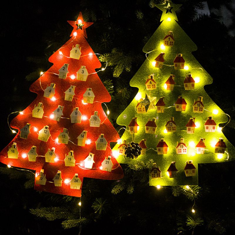 Hanging Fabric Christmas Tree Lighted Countdown Advent Calendar for Xmas Decorations Kid Toys Christmas Hanging Ornament