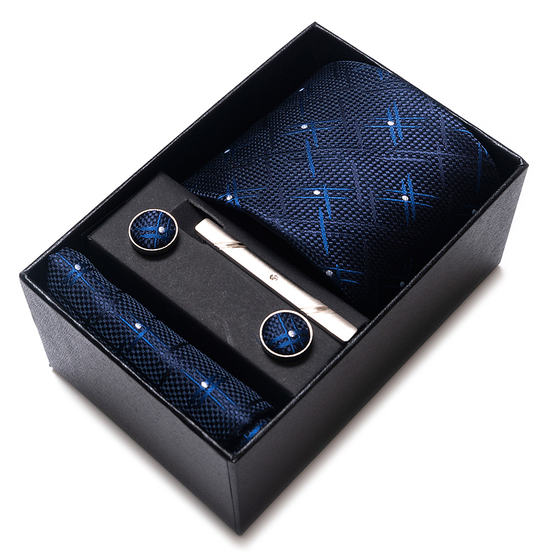 Tie Handkerchief Cufflink Set For Men Necktie Box Blue Gold Suit Accessories Slim Wedding Gravatas