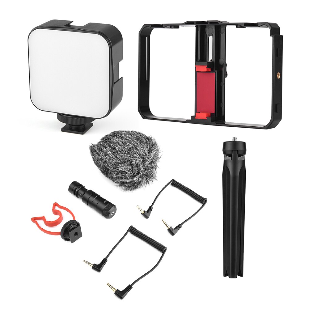Andoer Smartphone Video Kooi Kit Inclusief Mini Led Vullen Lichten + Mini Microfoon Met Shock Mount Wind Screen Voor Telefoon video