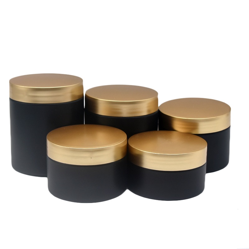 Envases cosméticos vacíos PET cuidado de la piel negro escarchado 100ml120ml150ml 200ml 250ml 8oz macetas de crema facial de plástico con tapa dorada 24 Uds