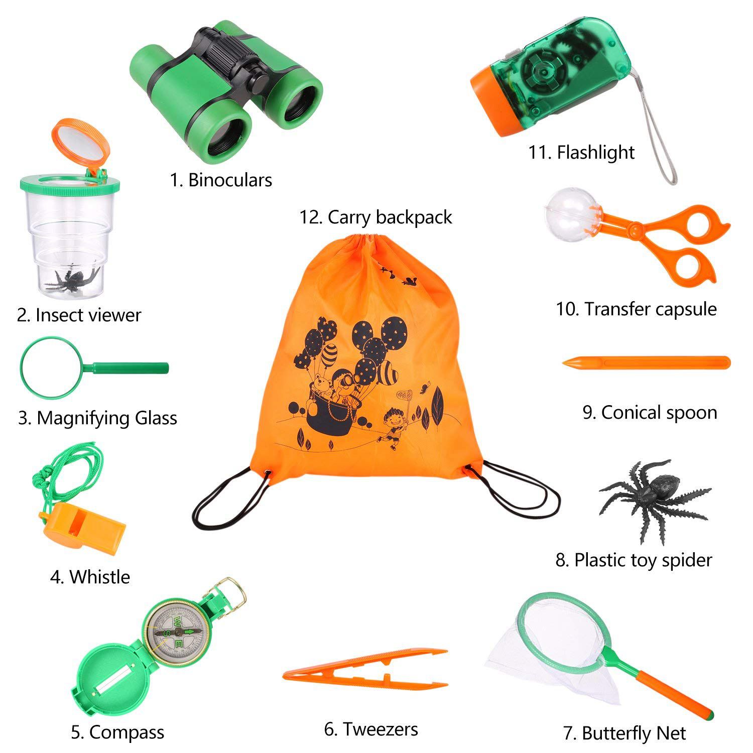 Outdoor Kit di Giocattoli per I Bambini-Set di 12 Avventura Del Capretto Campeggio Esplorazione, outdoor Explorer Kit per I Bambini, Campeggio Giocattoli per