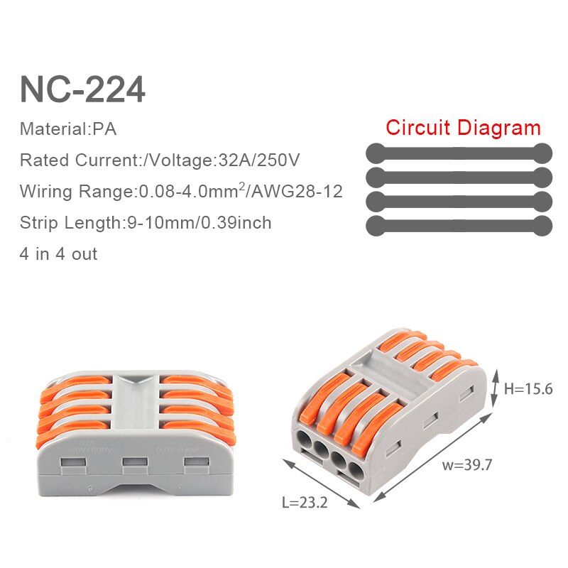 5Pcs Universal Compact Wire Connector SPL 222 2/3/4/5Pin Conductor Wiring Terminal Block Plug-in Quick Connectors with Lever: 5PCS NC-224