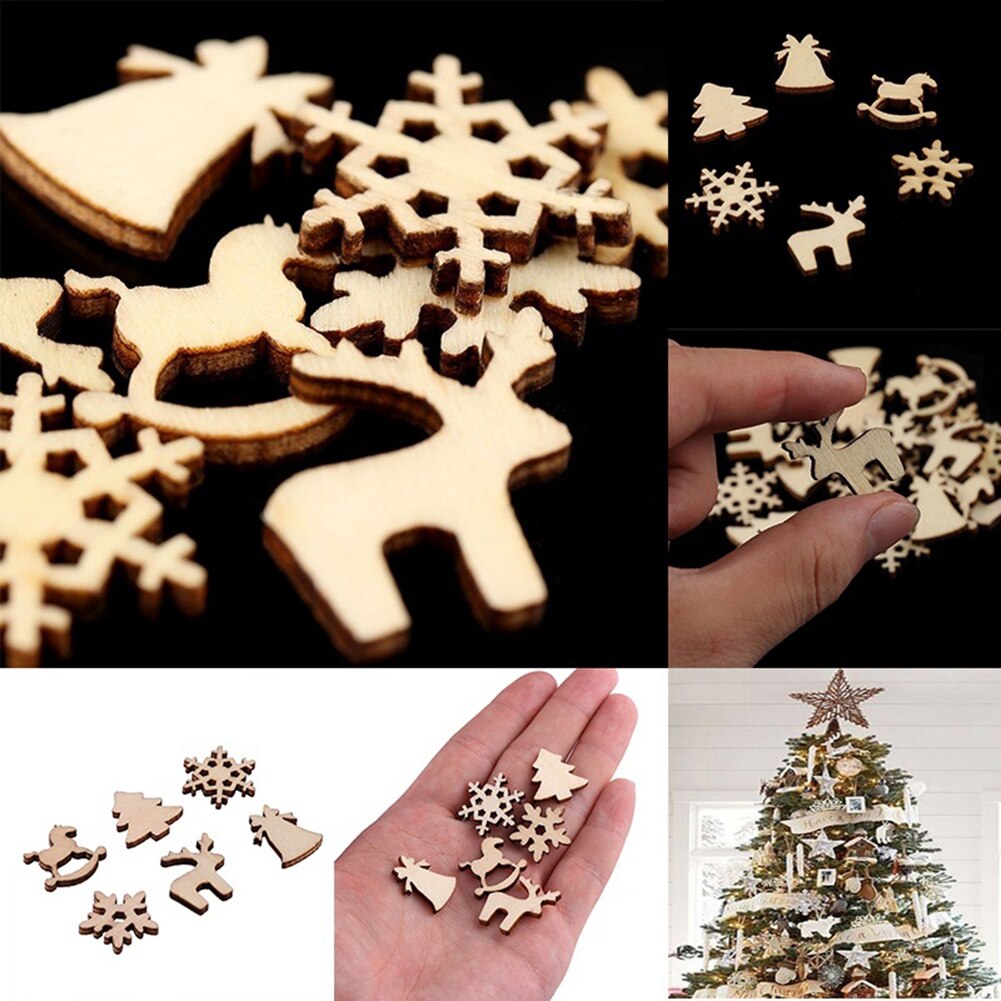 50Pcs DIY Christmas Tree Snowflake Star Hanging Wooden Ornaments Table Craft Xmas Christmas Decorations