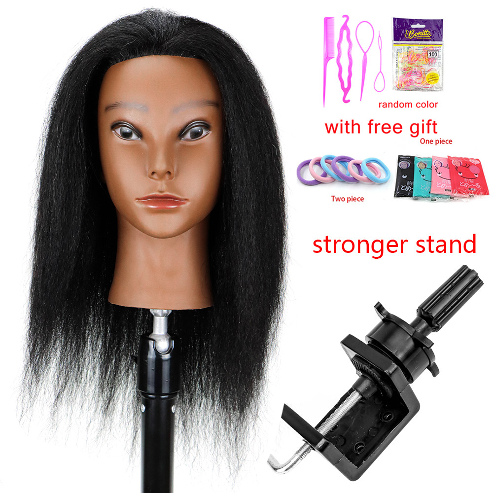 Afro Traininghead głowa manekina z ludzkimi włosami manekin lalka fryzjerstwo głowy treningowe Salon głowa manekina do zaplatania włosów: Ciemnoszary