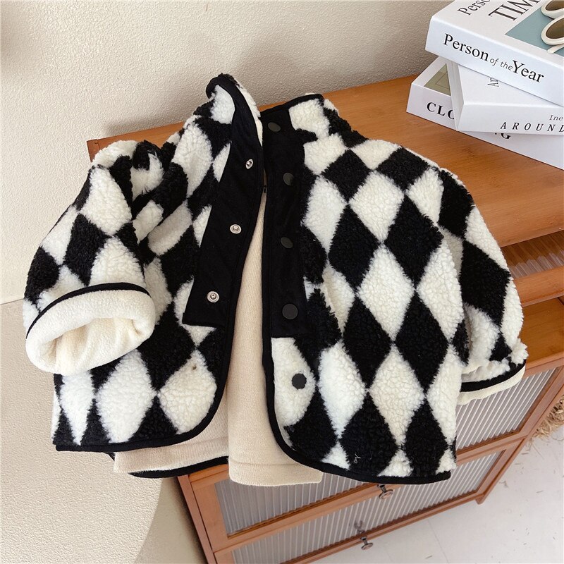 Inverno Plaid coreano ragazzi vestiti per ragazze Cardigan sciolto agnello velluto caldo giacca per bambini cappotto per ragazze moda cappotti per bambini