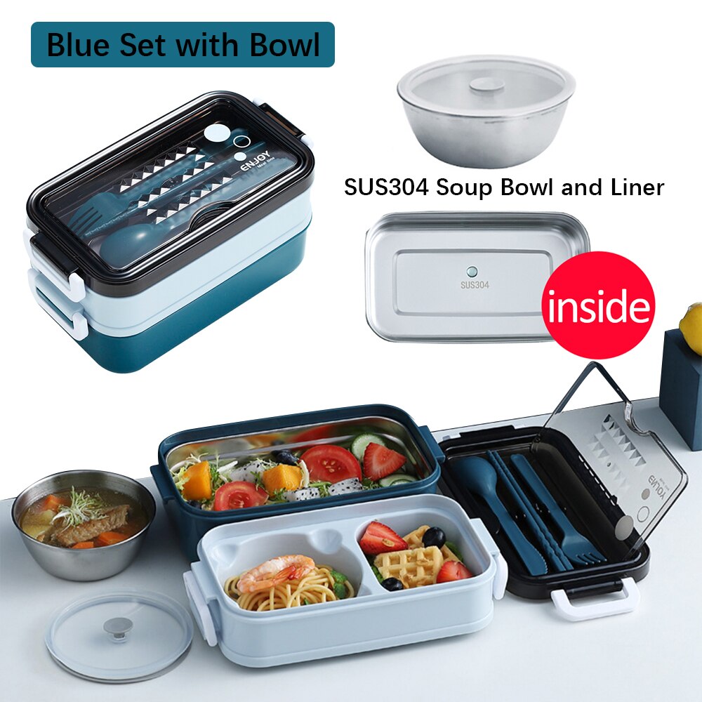 304 Rvs Bento Lunchbox Student School Office Multi-layer Thermische Lunch Box Container Voor Kinderen Vrouwen Keuken gereedschap: Blue Set and Bowl