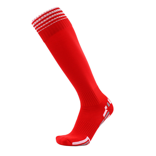 1 par fodboldsokker tykt håndklæde bund fodboldsokker knæhøj træning lang strømpe sport voksen sok: Rød