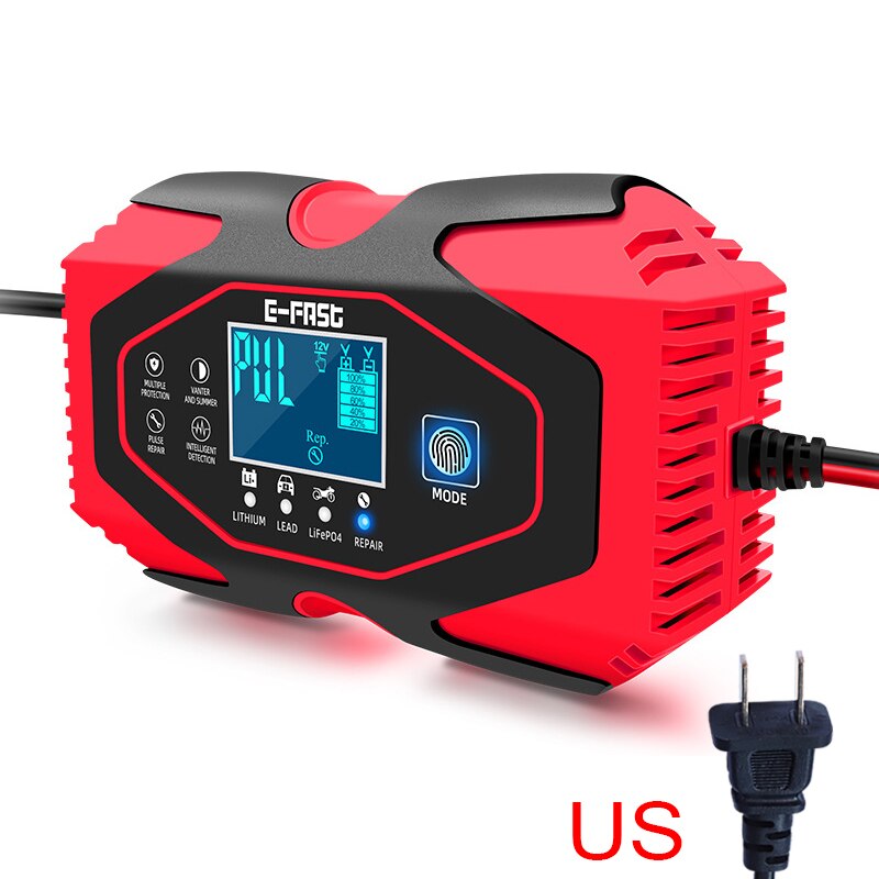 12V 24V Car Motorcycle Battery Charger Lithium Iron Lithium Charger Memory Function Fast Charging Repair: US-Red