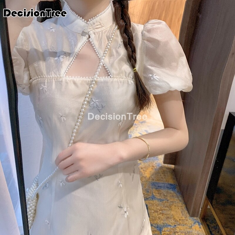 Vestido chino de estilo chino para Encaje vintage, vestido blanco satinado con flores, cheongsam, corto,
