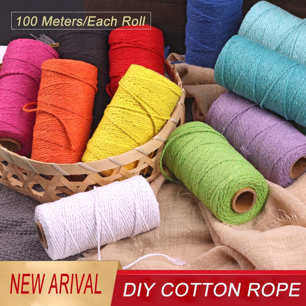 2mm 100M Colorful Thread Cord 100% Cotton Twisted Craft Macrame String DIY Home Textile Wedding Decoration Accessories