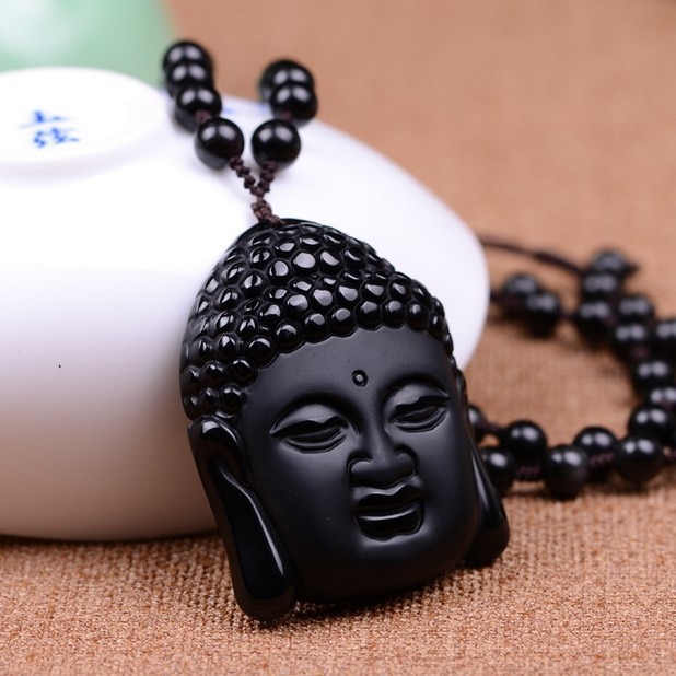 Obsidian vintage halskæde sort buddha hoved vedhæng til kvinder og mænd obsidian smykker