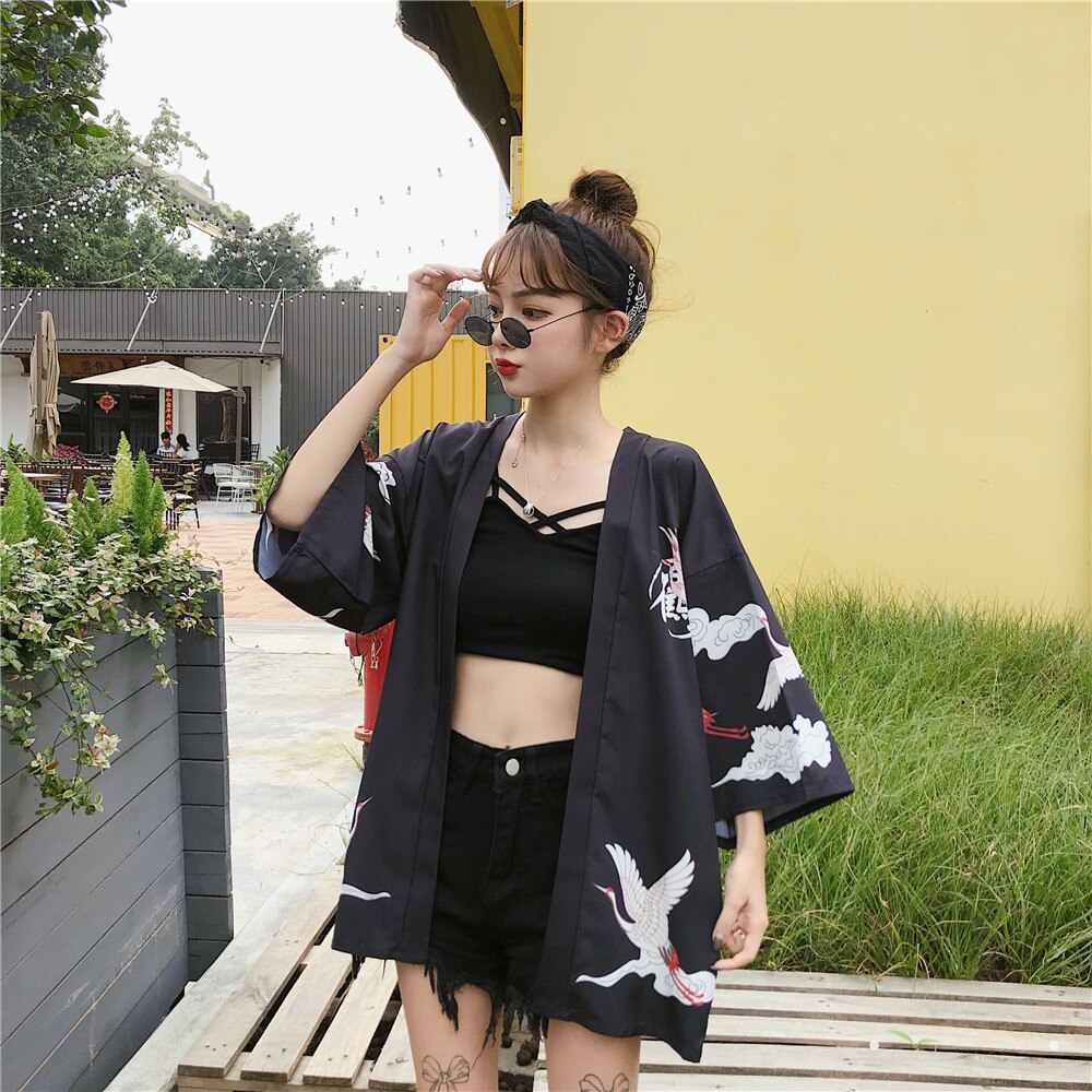 Japanese Yukata Kimono Summer Top Japan Printed Crane Haori Kimono Japones Harajuku Kimono Boho Yukata Women