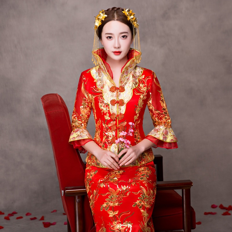 Vintage rode Bruids Borduurwerk Cheongsam Moderne Traditionele Chinese stijl Trouwjurk Oosterse Womens Qipao Vestidos Maat S-XXL
