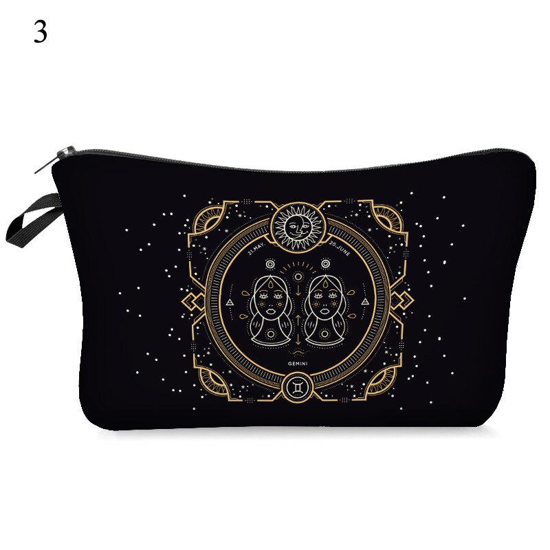 Women Makeup Cosmetic Bag Black Toiletry Bag With 12 Constellation Travel Bag Organizer Beauty Case Printed Makeup Pouch
