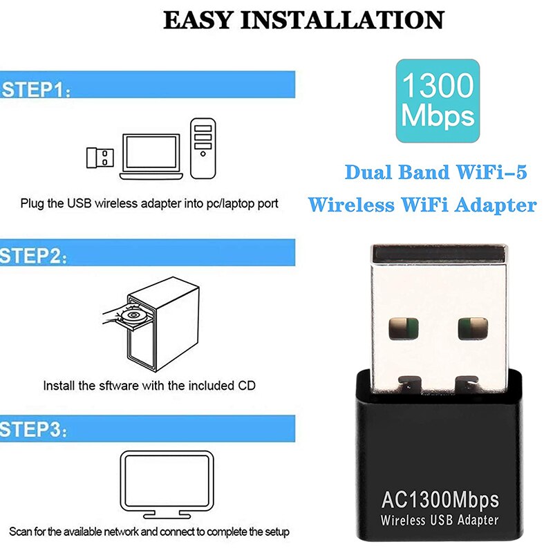 USB WiFi Adapter for PC, AC1300Mbps Wireless Network Adapter, 802.11Ac with Dual Band 2.4Ghz/400Mbps 5.8Ghz/867Mbps