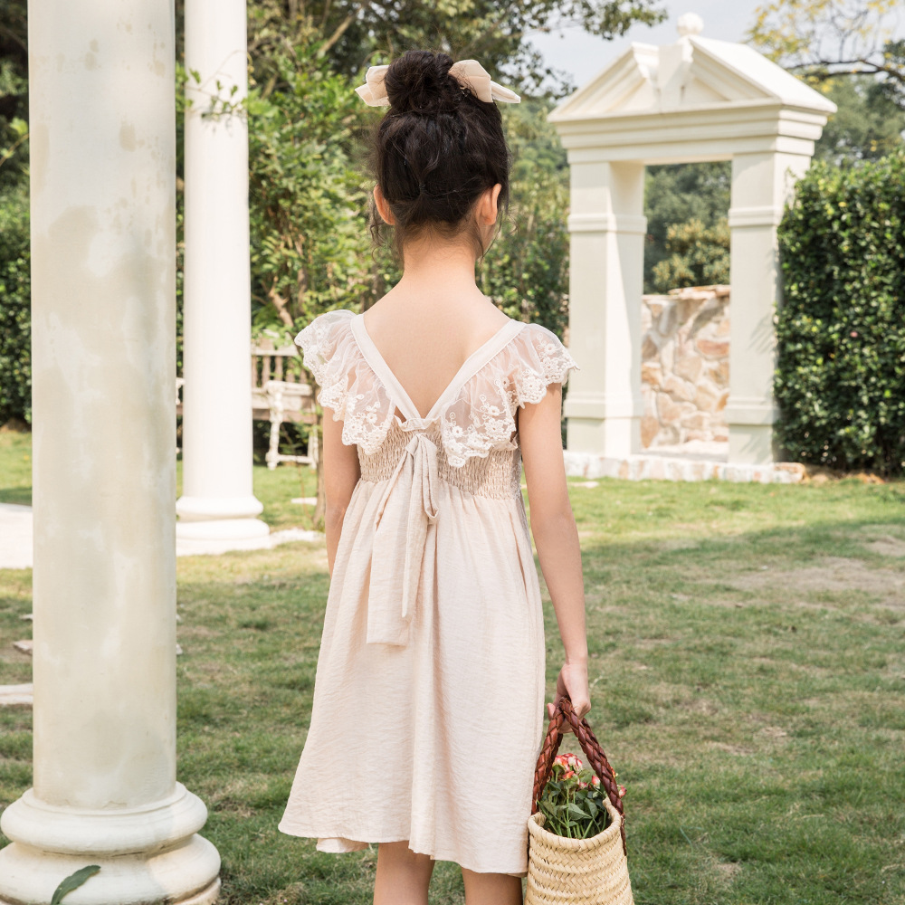 Teenage Girls Princess Lace Dress Summer Kids Children Cotton Ruffles Strap Beach Sundress With Back Bow Teen Midi Dresses 12 14