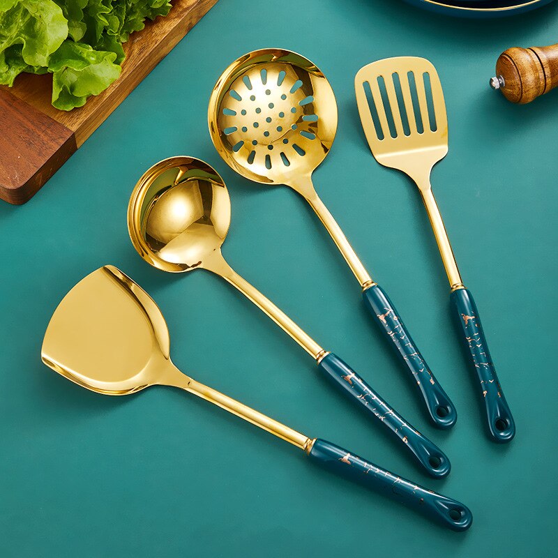 Dark green gold cooking pots set stainless steel cookware set non stick Spatula Shovel spoon kitchen utensils accessories set: green 4PC