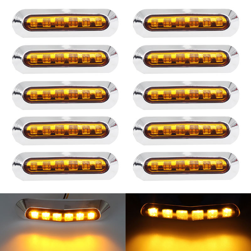 10x 12-24V Amber 6LED Chrome Bezel Side Marker Light Tail Lamp Auto Car Bus Truck Lorry Trailer caravan Clearance lights