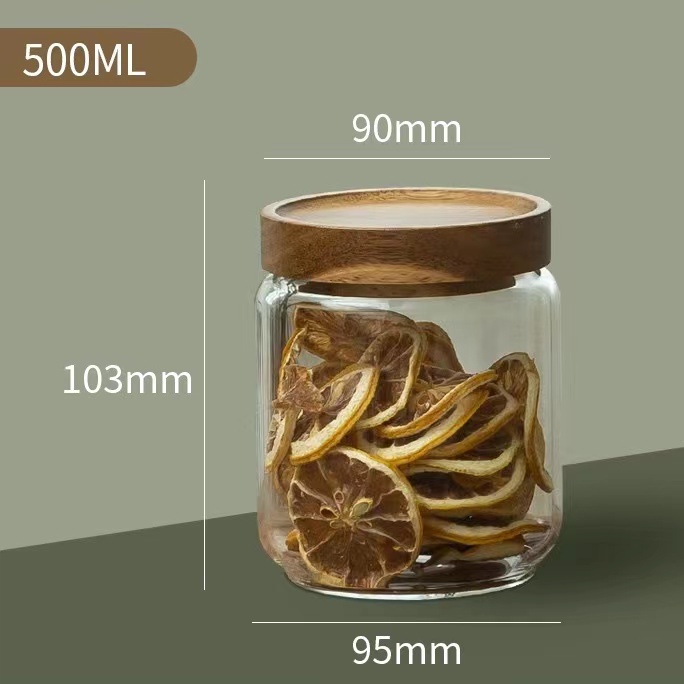 Wood Lid Glass Airtight Canister Food Container Tea Coffee Beans Kitchen Storage Bottles Jar Sealed Grounds Candy Jars Organizer: 500ML