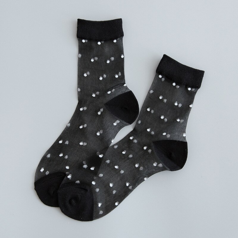 Calcetines transparentes de estilo japonés para mujer, medias cortas de seda de cristal de lunares Vintage, Harajuku coreano, ropa de calle de verano: Negro