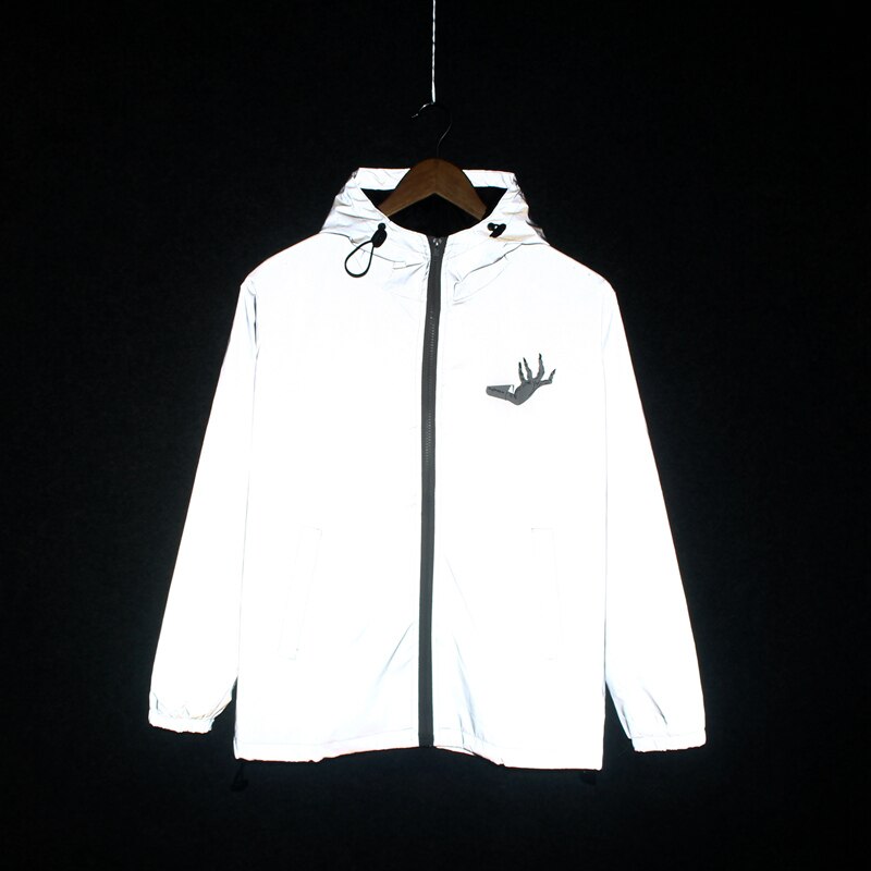 PRIMAVERA/otoño mano flores hombres cortavientos chaqueta reflectante casual hip hop harajuku streetwear noche brillante Abrigo con capucha