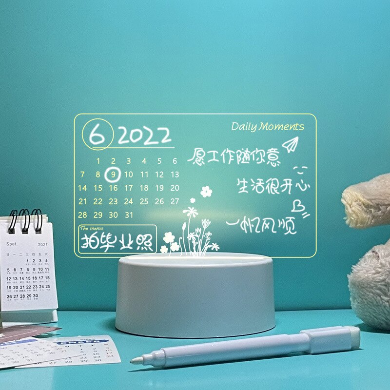 Akryl gennemsigtig lysende kalender note tavle sletbar ins opslagstavle husholdning memo prompt desktop lille bordlampe