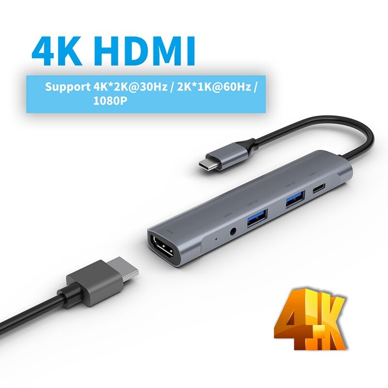 5 In 1 Type C Hub Naar Hdmi 4K Usb 3.0 2.0 USB-C Pd 60W Opladen Audio Voor pro/Air Samsung Met Usb C Laptop