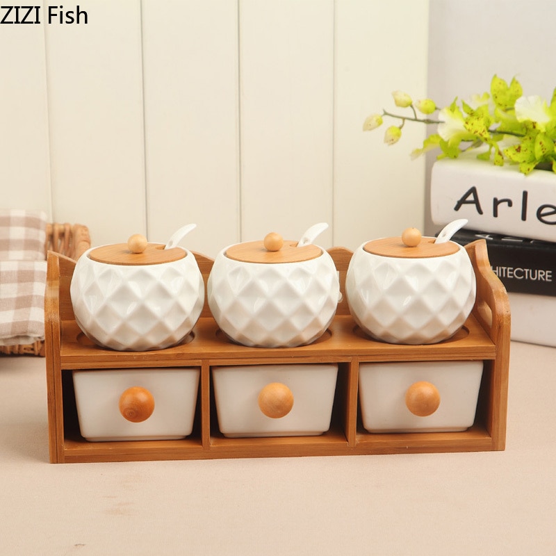 Korean Style Ceramic Condiment Jars Set with Bamboo Lids Tray Porcelain Spice Containers Salt Pepper Sugar Organizer