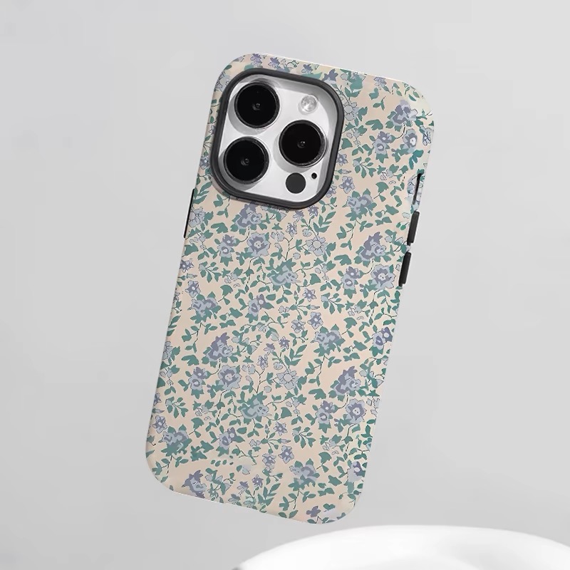 Korean Blue Small Floral Fragments Case for IPHONE 16 15PRO MAX 14 13 12 11 PRO Plus X Acrylic TPU Two in One Mobile Phone Cases: tpu / black