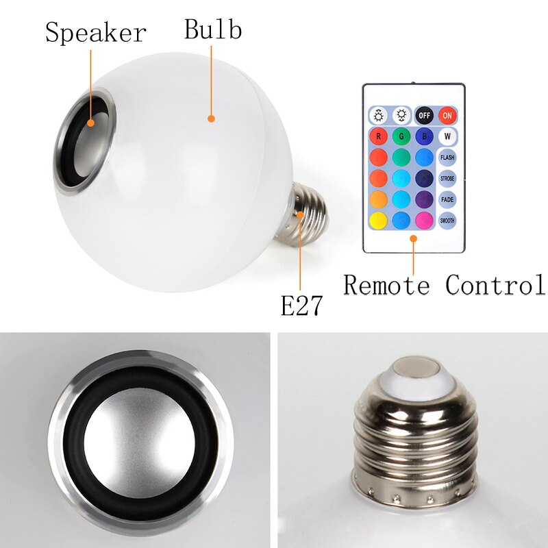 Smart E27 12W Ampoule LED Bulb RGB Light Wireless Bluetooth Audio Speaker Music Playing Dimmable Lamp with 24 Key Remote Control