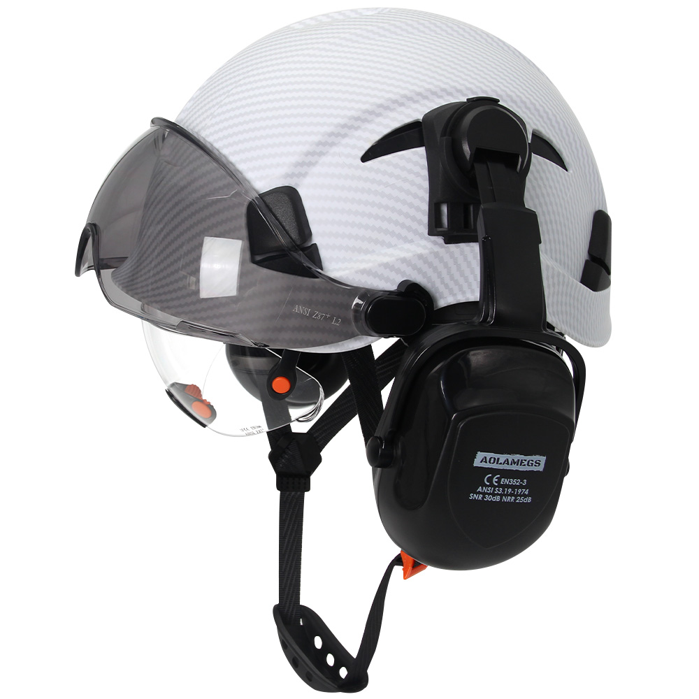 Schutzhelm mit Visiere, integrierte Schutzbrille, verbesserte Ohrenschützer-Rauschunterdrückung für Ingenieure, ABS-Schutzhelm, ANSI-Industrie-Arbeitskappe: Elfenbein