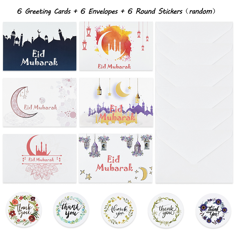 Tarjetas de Felicitación de papel Eid Mubarak con pegatina de sobre, carta de invitación, papel musulmán para de Ramadán, suministros escolares de oficina, 6 piezas: B02
