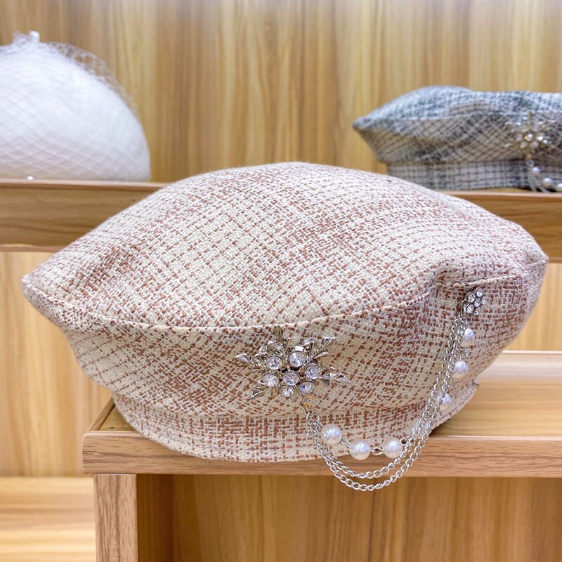 Dam basker vintermössa tweed rutig baskermössa kvinnliga pärlor trimmade baskrar kepsar dam justerbara höst vinter målarhattar: Beige