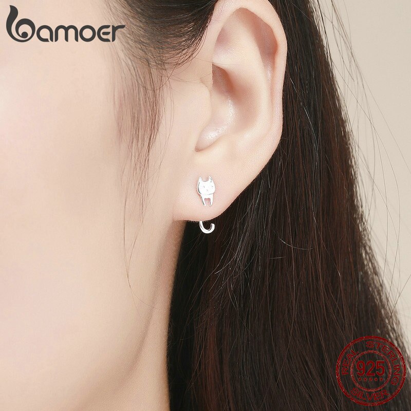 BAMOER Genuine 925 Sterling Silver Fish And Cat Simple Line Stud Earrings for Women Authentic Silver Jewelry SCE488