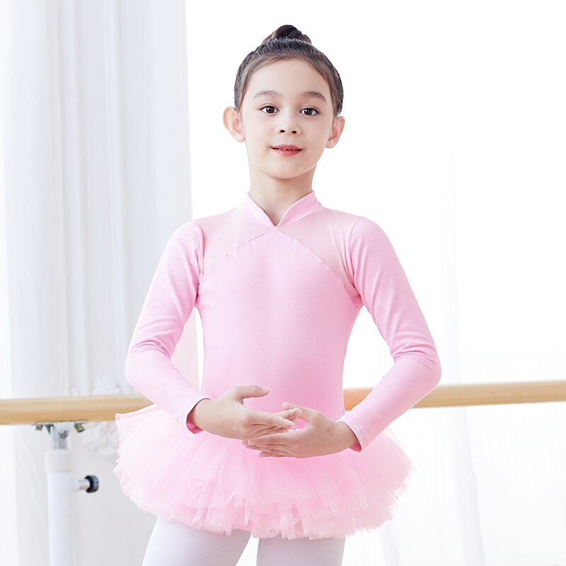 Mädchen Ballett Trikot Stehkragen Tanz Body Mesh Splice Langarm Gymnastik Trikots Teen Kinder Baumwolle Ballett Kostüme