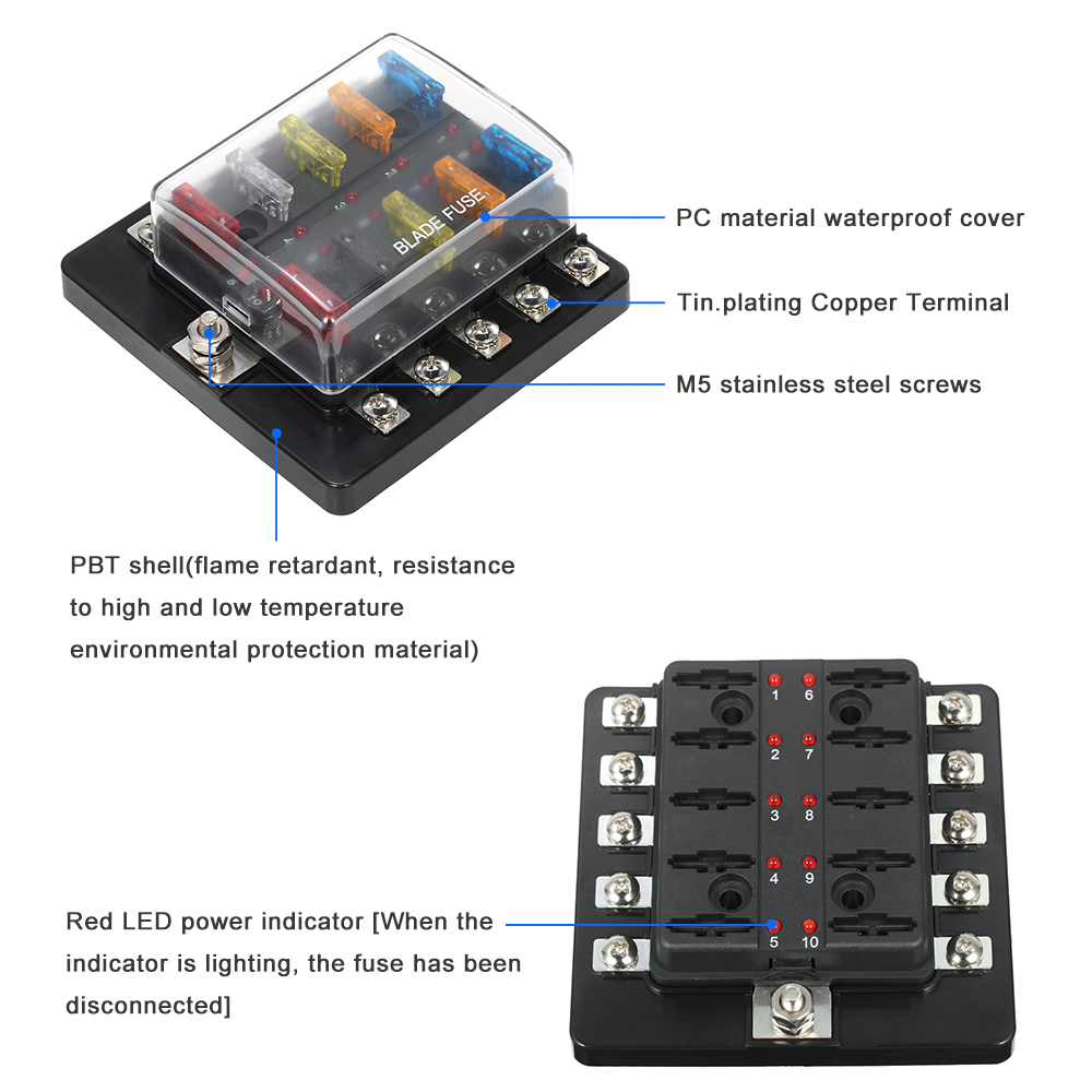 10 Way Blade Fuse Box with LED Indicator Fuse Block for Car Boat Marine Caravan 12V 24V