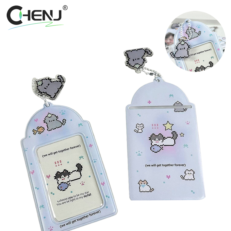 Soporte para tarjetas de fotos de gato de dibujos animados, decoración creativa de , álbum de fotos de ídolo, fundas protectoras, estuche de almacenamiento de tarjetas colgante