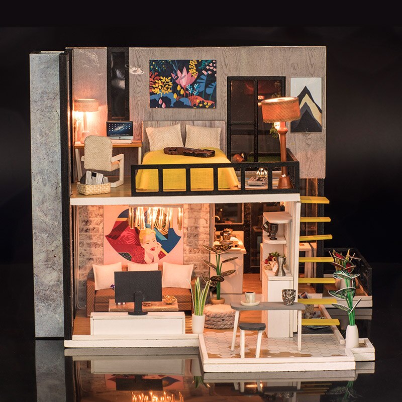 Handgemachte Puppe Haus mit Möbel Miniatur Diy Puppe HäNutzer Miniatur Puppenhaus Küche Holz Spielzeug Für freundlicher Geburtstag