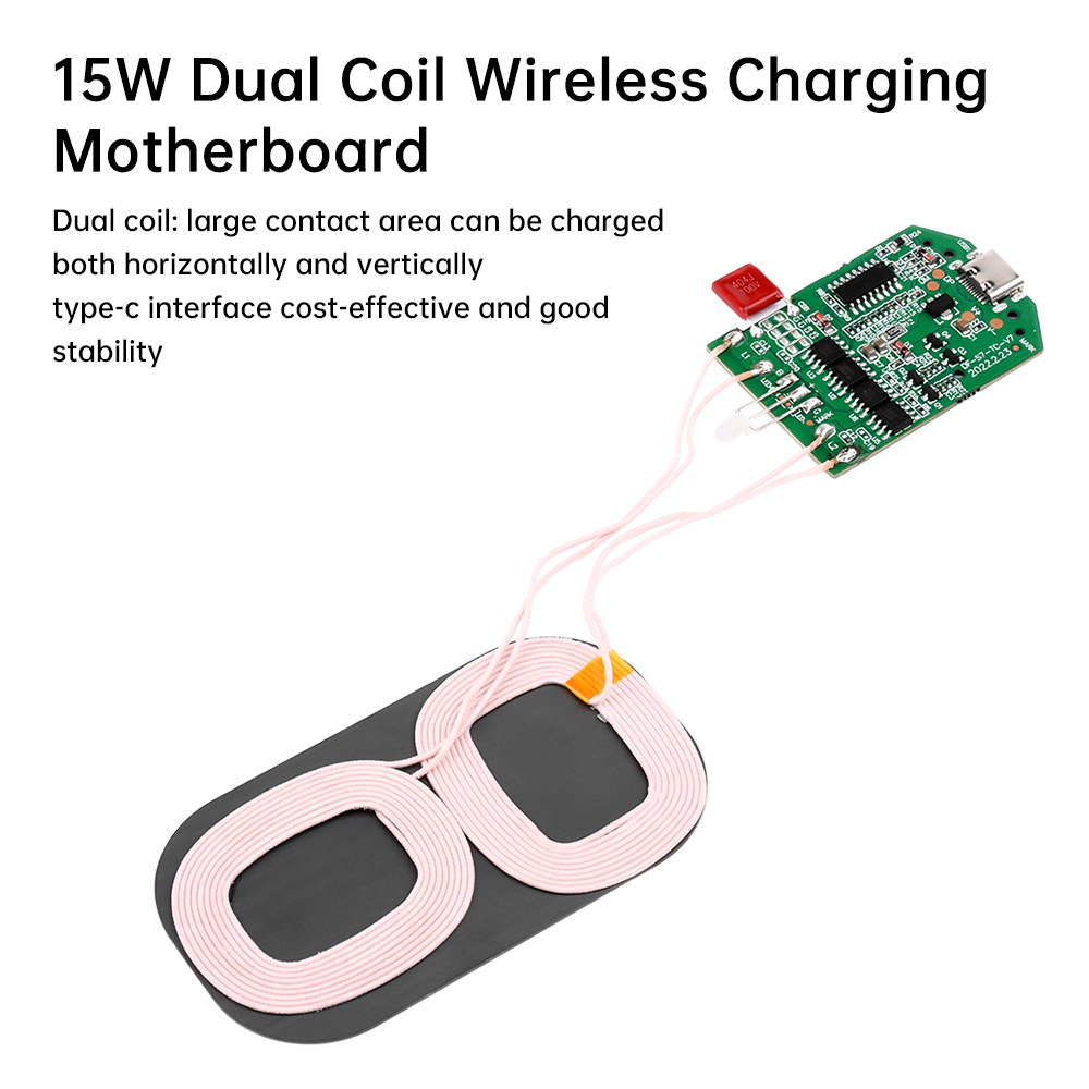 Type-C 15W Dual Coil Draadloze Snellaadmodule Draadloze Oplader PCBA Ingebouwde MCU 5W 7.5W 10W 15W Voor Smartphone Tablet