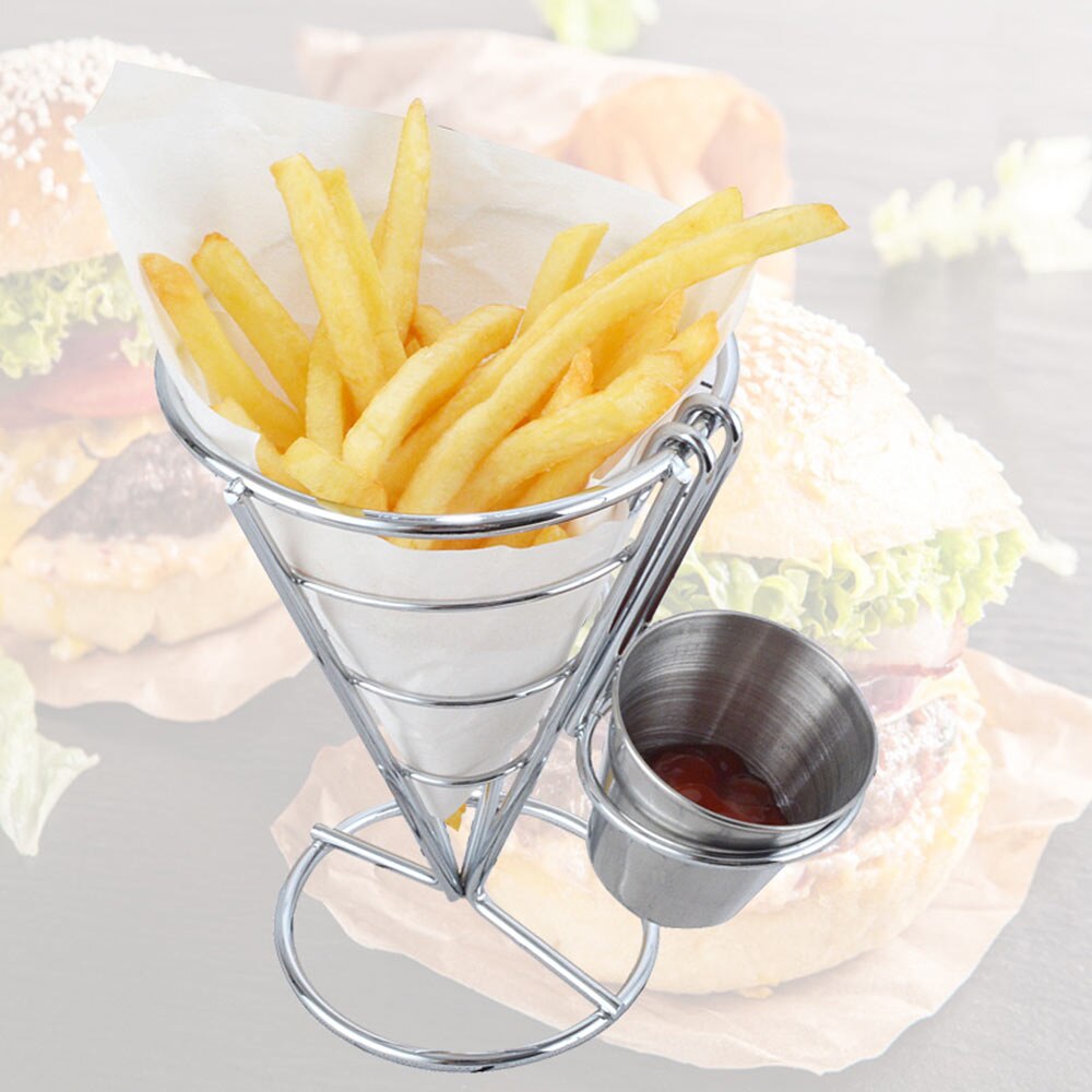 Stainless steel French Fry Stand Cone Basket Holder for Fries Fish and Chips and Chicken Nuggets with a seasoning cup