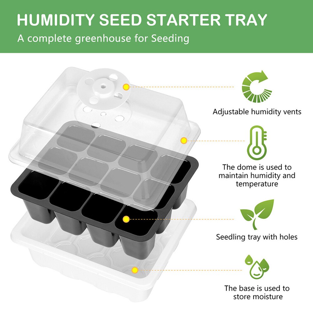 Plant Starter Tray Kit Nursery Sowing Indoor 12 Grid Germination Boxes Greenhouse Adjustable Dome Base Yard Breathable Holes